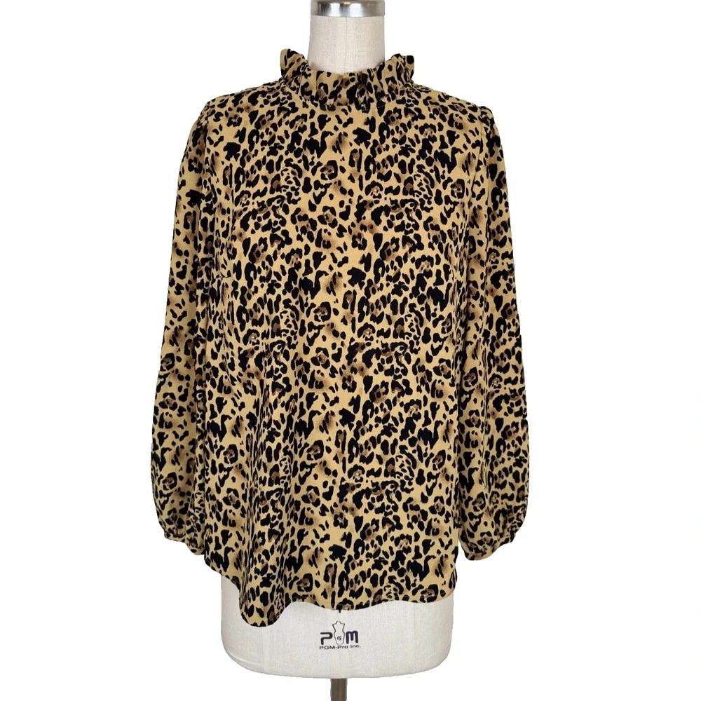 J.Crew Top Leopard Animal Print XS Long-Sleeve Ruffle-Neck Crepe Chic